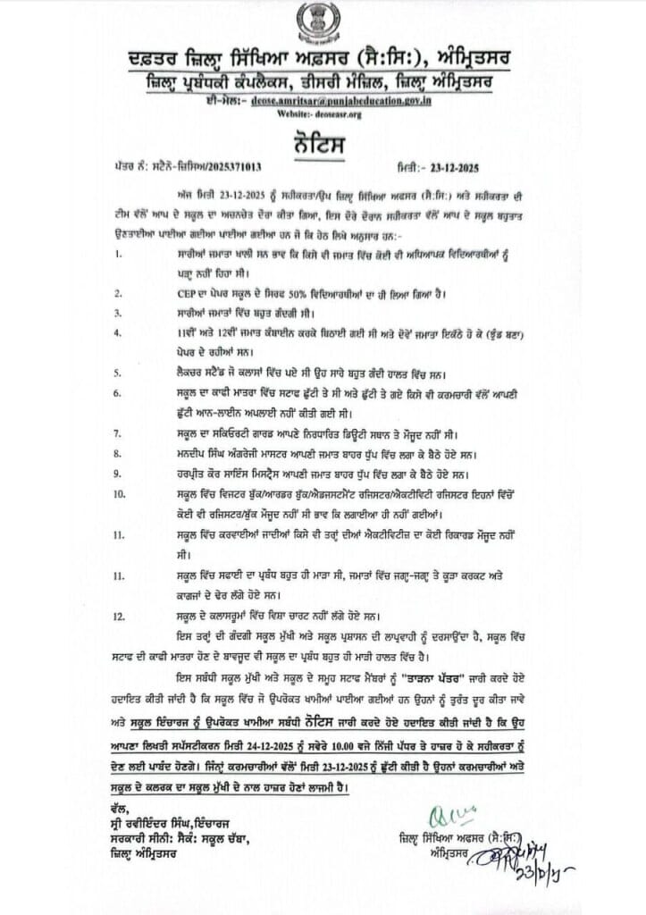 Amritsar DEO Surprise Raid: Teachers Found Sitting in Sun, Classes Empty – Strict Warning Issued (2025)