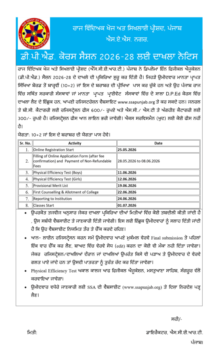 Punjab D.P.Ed Admission 2026